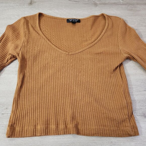 Topshop Brown Long-Sleeve Ribbed Knit Crop Top Womens Size 4 - Picture 7 of 14